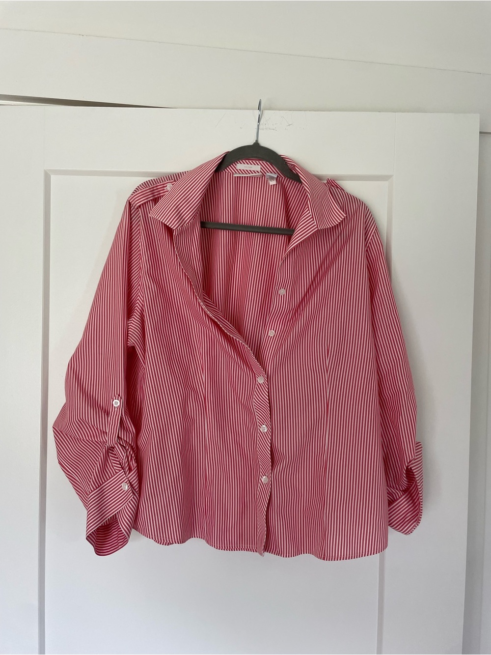 Chico's Red and White Striped Button-Down Shirt
